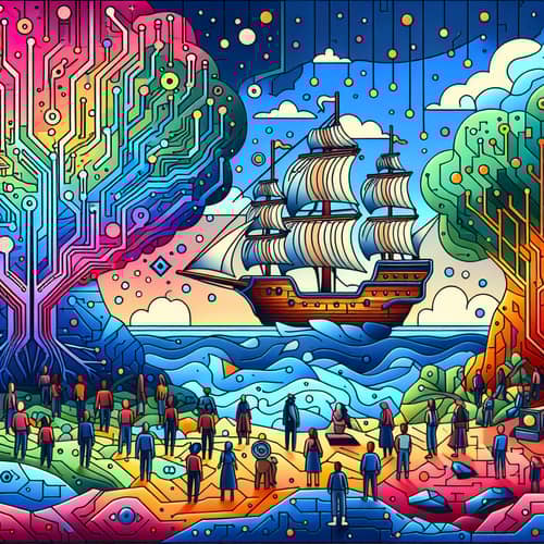 Cartoon Landscape: Nature & Technology Fusion with Odyssey-Style Ship