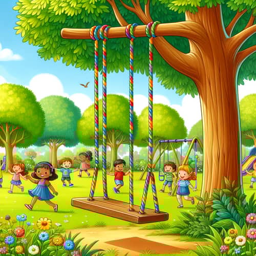 Cheerful Park Scene with Wooden Swing | Playful Children Illustration