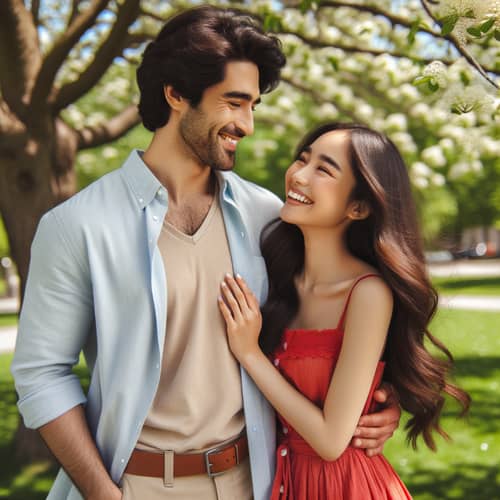 Loving Middle-Eastern Husband & Happy Asian Wife - Joyful Couple in Park