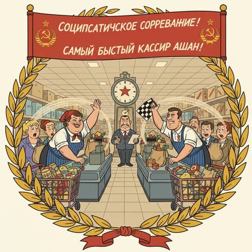 Cartoon Cashiers Compete at Auchan Hypermarket Cartoon Cashiers Compete at Auchan Hypermarket