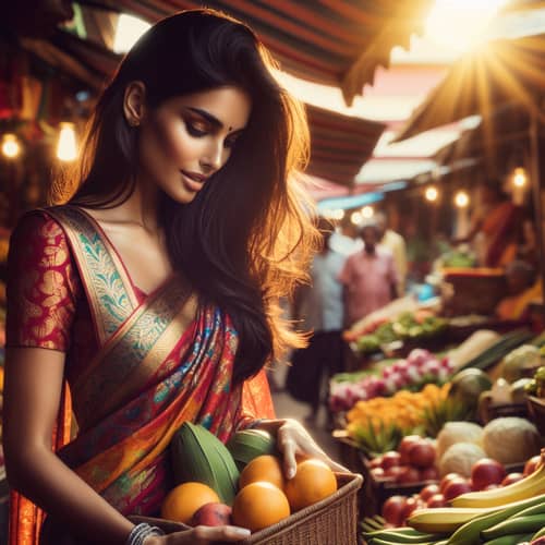 Colorful South Asian Woman in Traditional Sari at Market