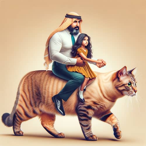 Surreal Middle-Eastern Man Holding Hispanic Girl Riding Cat