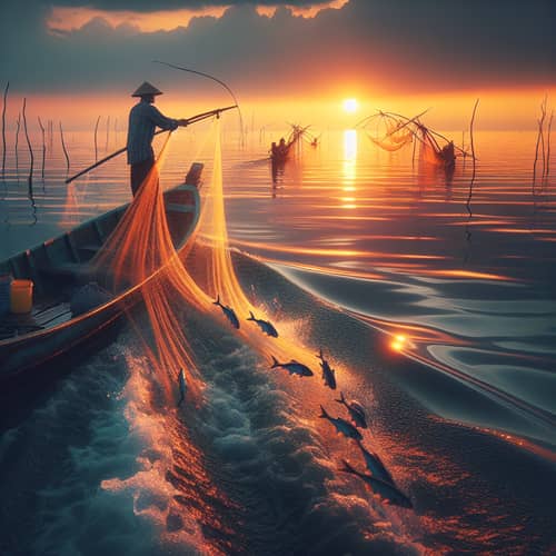 Sundown Fishing Scene Painted with Pastel Colors