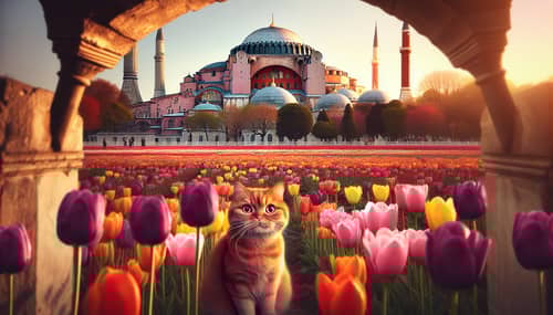 Hagia Sophia Mosque in Istanbul with Multi-Colored Tulip Field