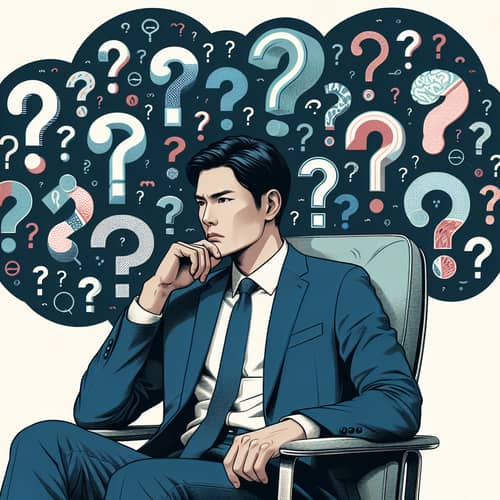 Contemplative Asian Leader Surrounded by Diverse Question Marks