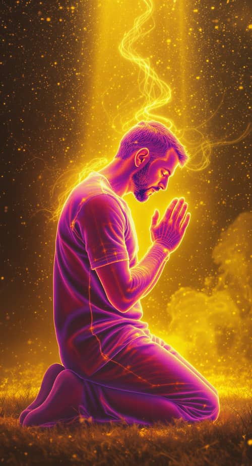 Man Kneeling in Prayer with Radiant Heat Waves