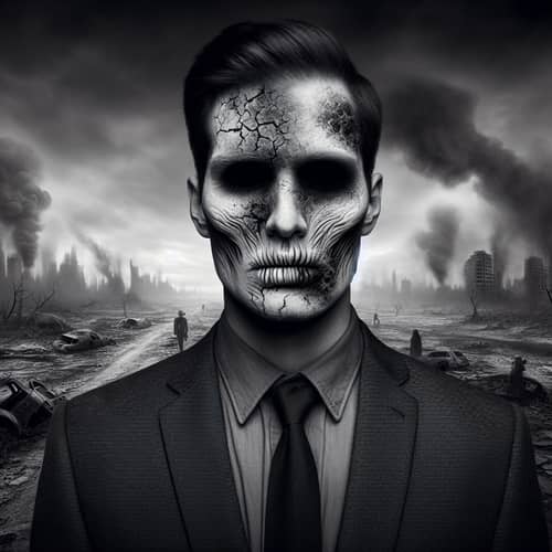Eerie Black and White Portrait Amid Apocalyptic Landscape