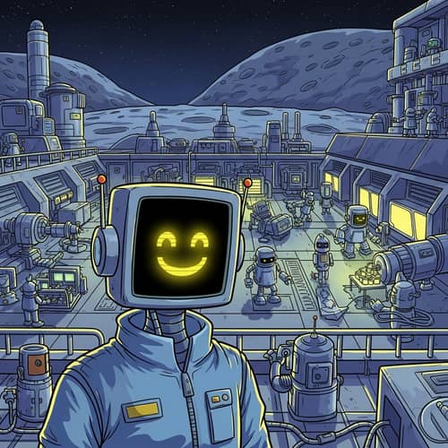 Cartoon Humanoid Robot in Moon Factory