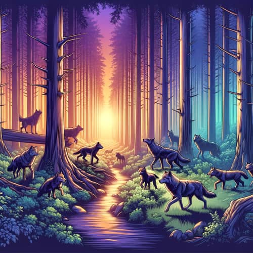Wild Wolf Pack in Dense Forest at Dawn