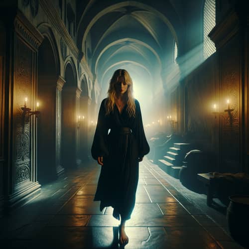Seductive Blonde Woman in Black Leather Bikini – Fantasy Cinematic Scene