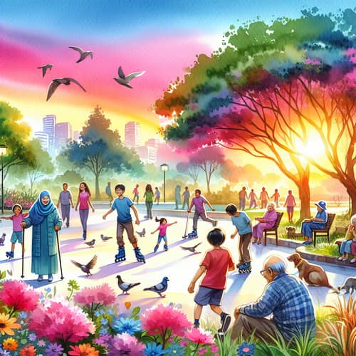 Vibrant Watercolor Scene: Multicultural Park Life & Nature Beauty