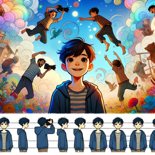 Diverse Young Boy in Adventurous Poses Against Dreamy Illustrations