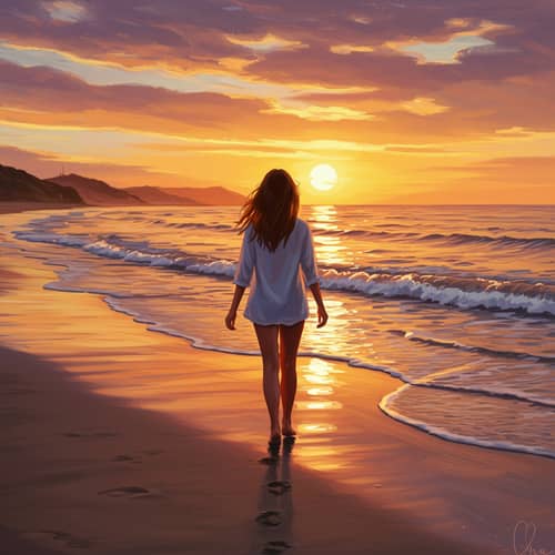 Young Woman Walking on Beach at Sunset