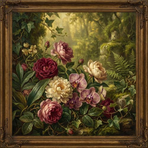 Vintage Botanical Oil Painting of Lush Gardens