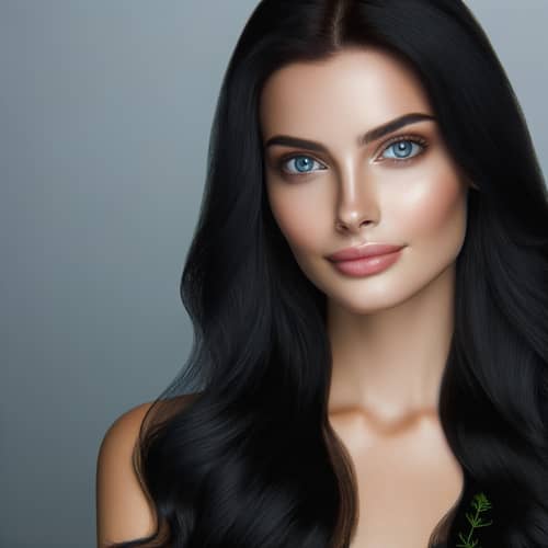 Stunning Woman with Long Black Hair and Blue Eyes