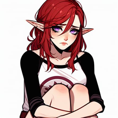 Sad Female Elf with Red Hair and Purple Eyes