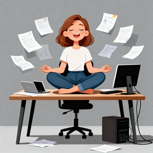 Happy Young Woman in Lotus Pose at Work Happy Young Woman in Lotus Pose at Work