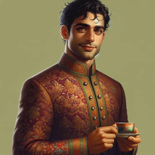 Traditional South Asian Man in Colorful Sherwani with Tea