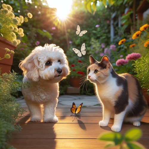 Friendly Interaction Between Maltipoo Dog and Domestic Cat