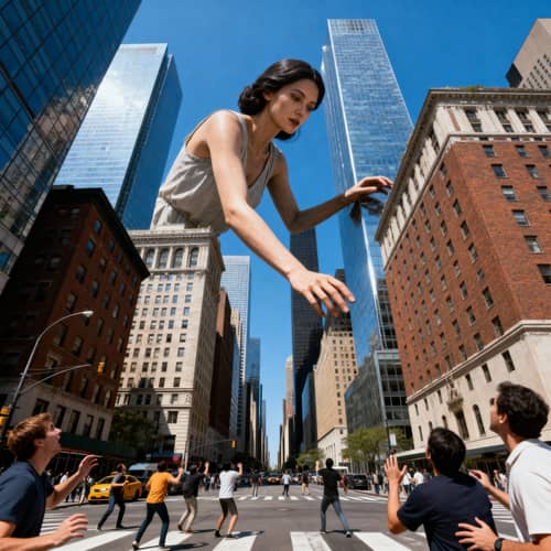 Gargantuan Woman in Bustling Cityscape