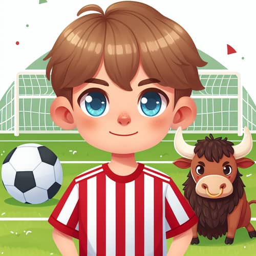 Boy with Blue Eyes on Football Field with Bull