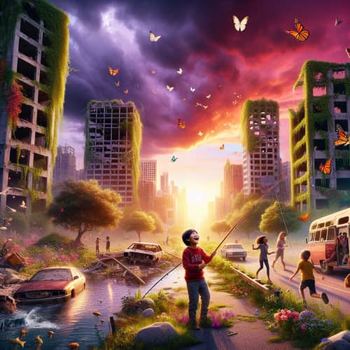 Happy Apocalypse Scene: New Wild Haven Amidst Ruined Buildings