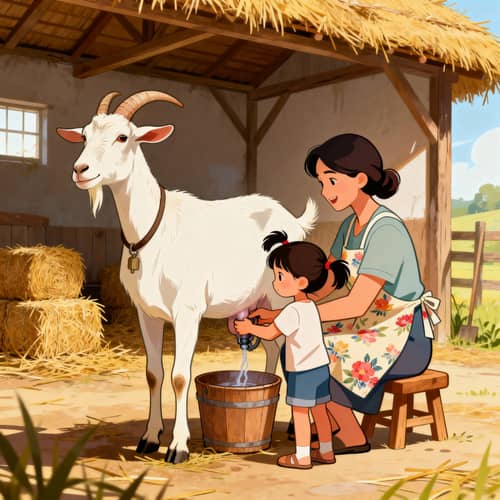 Comic Style: Girl Milking Goat with Mother