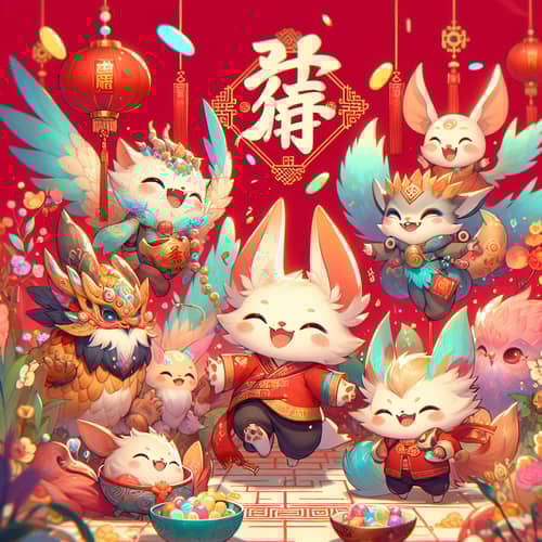 Lunar New Year Celebration | Joyful Fantasy Creatures | Chinese Art