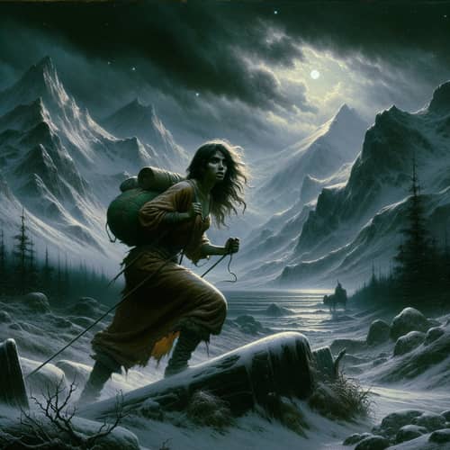 Hispanic Woman Journeying Through Wintry Landscapes at Night