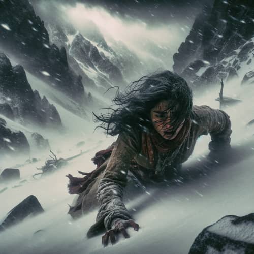 Baroque Style South Asian Woman Battling Snowstorm in Mountainous Terrain