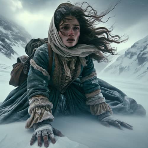 Baroque Style Portrait of a Young Woman Braving the Snow-Covered Mountains