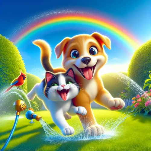 Cat and Dog Playing in a Colorful Garden