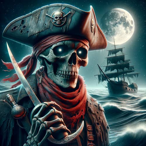 Pirate Skeleton with Cutlass and Treasure Map at Moonlit Shipwreck
