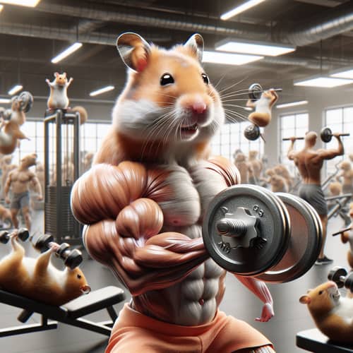 Muscular Hamster Weightlifting in Gym with Other Animals Exercising
