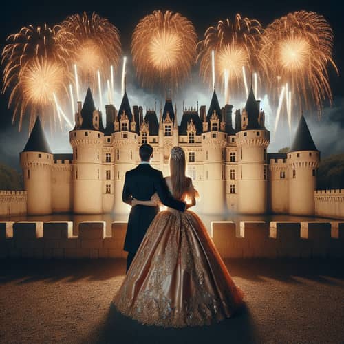 French Bride and Groom at Castle with Gold Fireworks