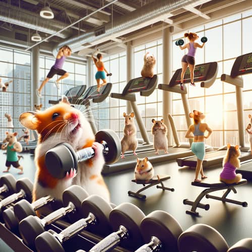 Realistic Gym Scene with Hamster and Animals Working Out