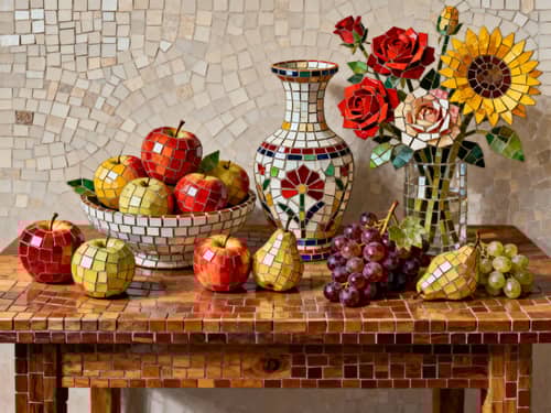 Mosaic Still Life: Fruits, Flowers, and Vase Art Mosaic Still Life: Fruits, Flowers, and Vase Art