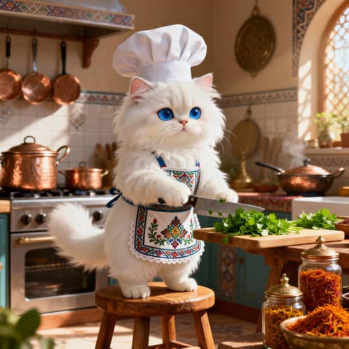 Cheffy Persian Cat in Cozy Kitchen - Anime Style