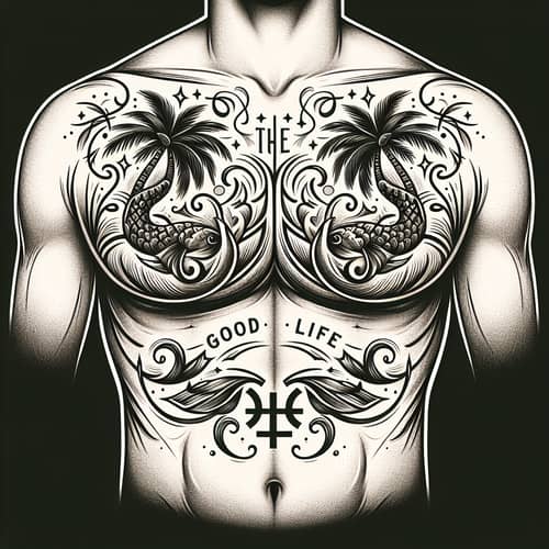 Stylish Chest Tattoo: The Good Life & Pisces Design
