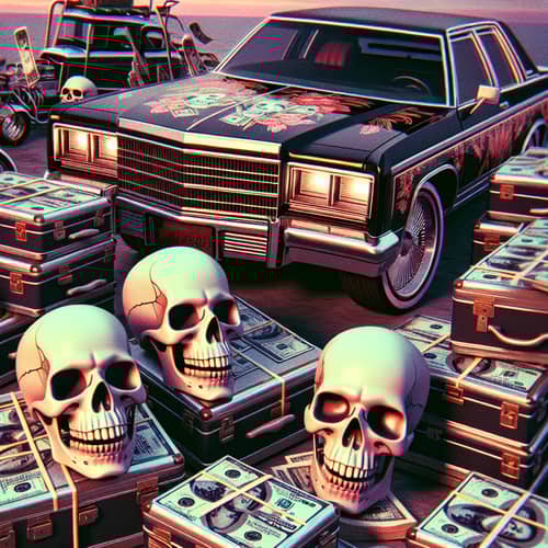 Retro Lowrider Car with Skulls and Dollar Suitcases