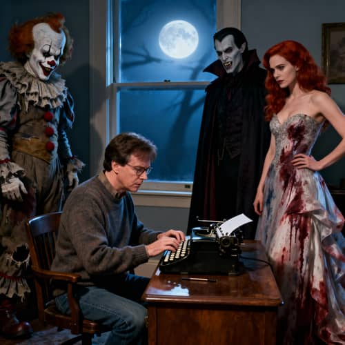 Stephen King Typing in a Spooky Moonlit Room Stephen King Typing in a Spooky Moonlit Room
