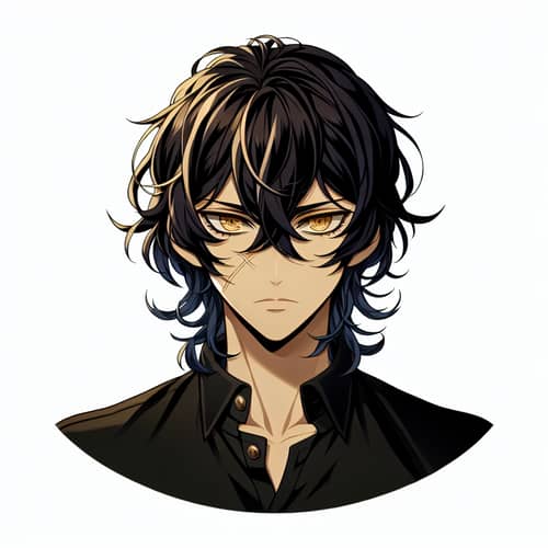 Fictional Anime Character with Black & Blue Hair | Golden Eyes