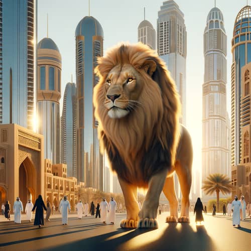Majestic African Lion in Dubai Cityscape | Wildlife Art