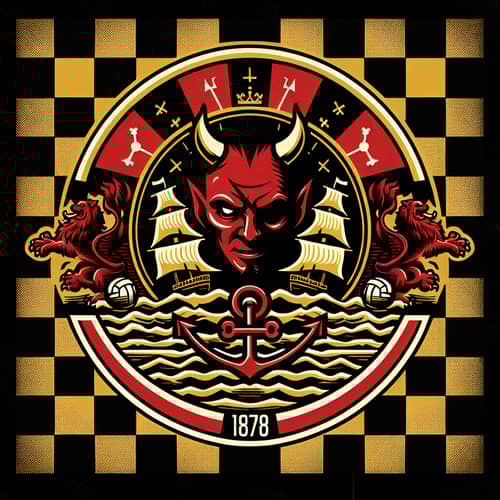 Official Devil Football Team Emblem 1878 - Red Ship, Lion, Checkerboard Design