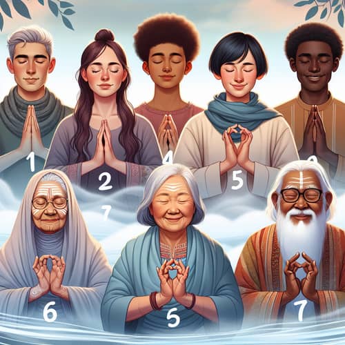 7 Diverse Individuals Practicing Calming Mudras for Positive Energy