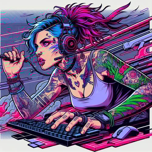 Tattooed Gamer Girl Digital Painting - Cyberpunk-Inspired Art