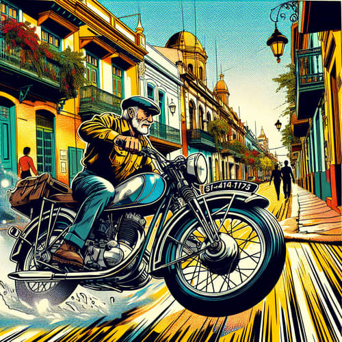 Argentinean Man on Vintage Motorcycle in Colorful Salta Streets