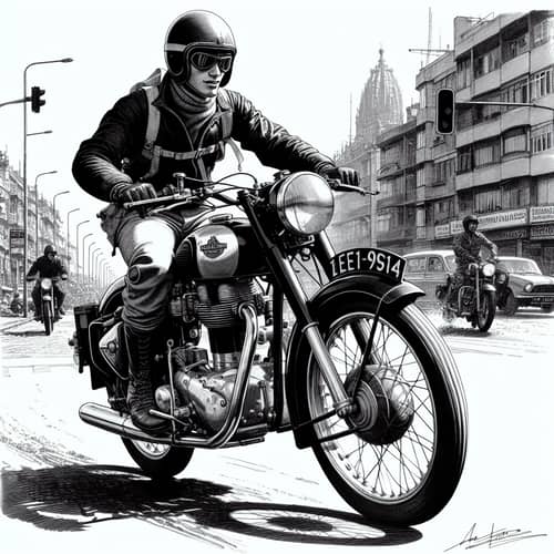 Vintage Hispanic Motorcyclist on Royal Enfield - Urban Street Scene