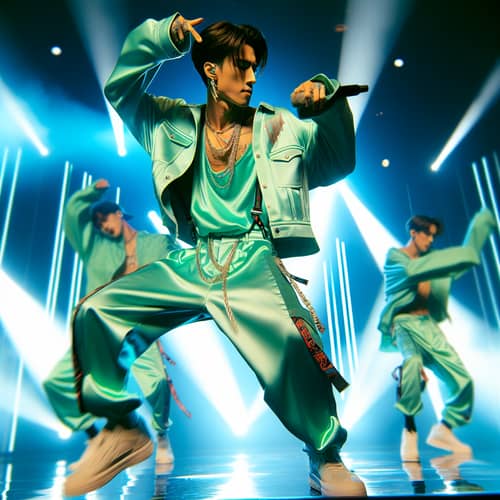 Handsome Korean Idol in Mint Green Hiphop Performance Outfit