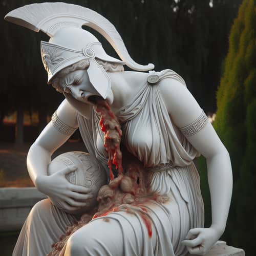 Athena Deity in White Greek Attire Regurgitating Scene
